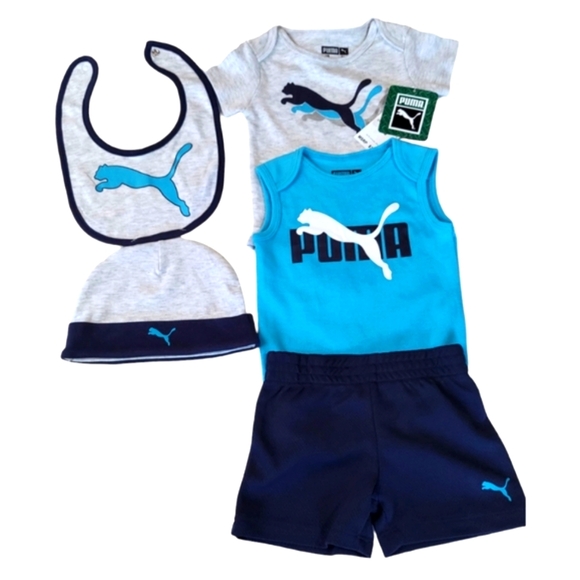 Puma Baby Boys Bodysuit Short Sleeves 3-6 Months Shorts Beanie Bib 5-piece Set - Picture 2 of 16